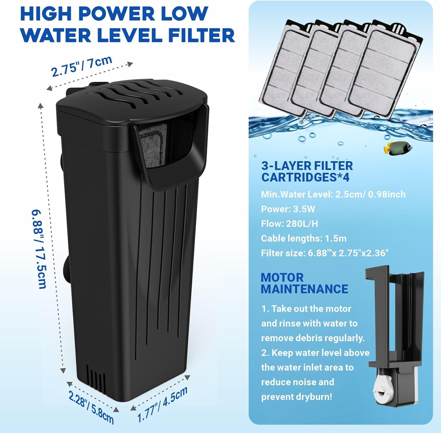 GOZILLA Turtle Tank Filter 74GPH, Low Water Level Turtle Tank 3.5W Fish Tank Aquarium Filters for Small Tanks up to 15 Gallons Include 4 Replacement Cartridges.(Black) image number 6