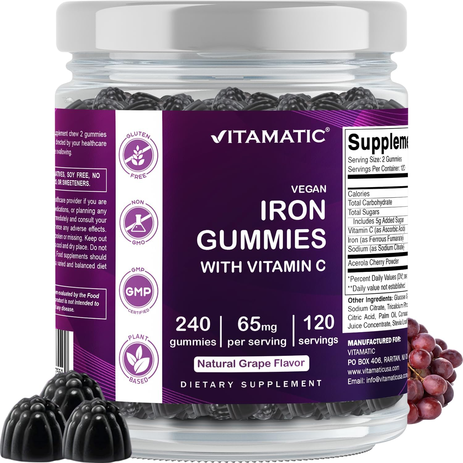 Vitamatic Iron 65 Mg Gummies Supplement for Women & Men - 240 Vegan Gummies - Great Tasting Iron Gummy Vitamins with Vitamin C image number 2