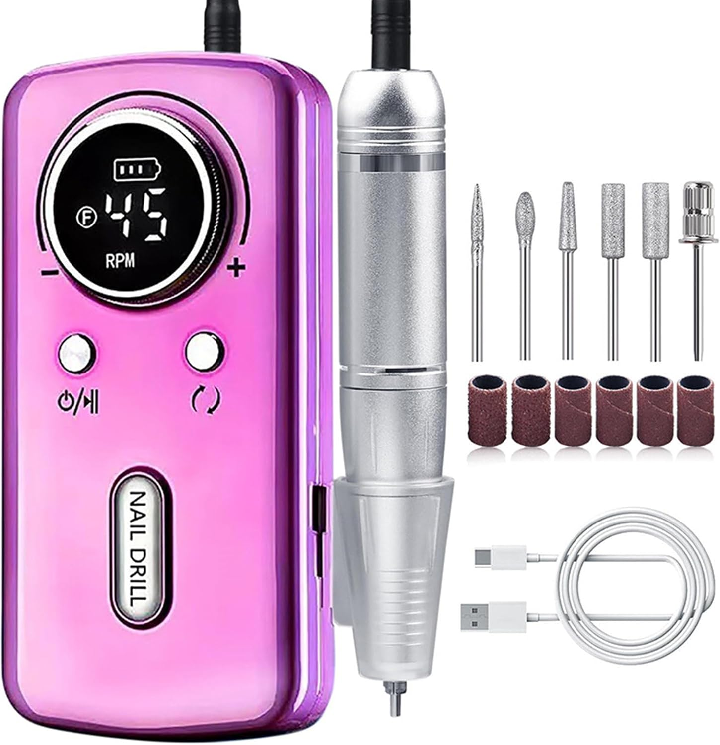 Bouzaak Professional Portable Nail Drill Kit - 45000 RPM Rechargeable Electric Nail File with 6 Bits, Cordless Low Noise for Acrylic Gel Nails, Manicure & Pedicure for Salon Home (White)