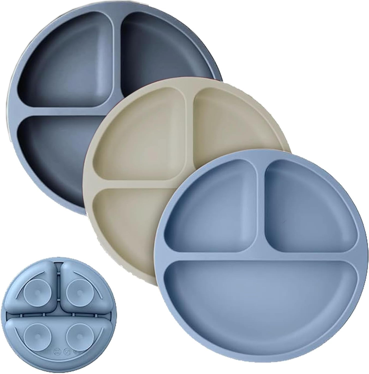 Baby Plates with Suction - Silicone Baby Suction Plates for Toddler Kids Self Feeding - Weaning Plates for High Chair Tray - Unbreakable, Portable, Non Slip (Dark Blue/Grey/Grey Blue) image number 5