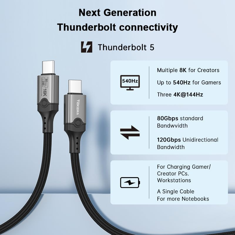 USB5 Cable 1M, 120Gbps Thunderbolt 5 Bandwidth for 16K/Dual 8K, 240W, Braided USB C Video Cable Compatible Thunderbolt 5/4/3, Usb4,Ssd,Type C image number 6