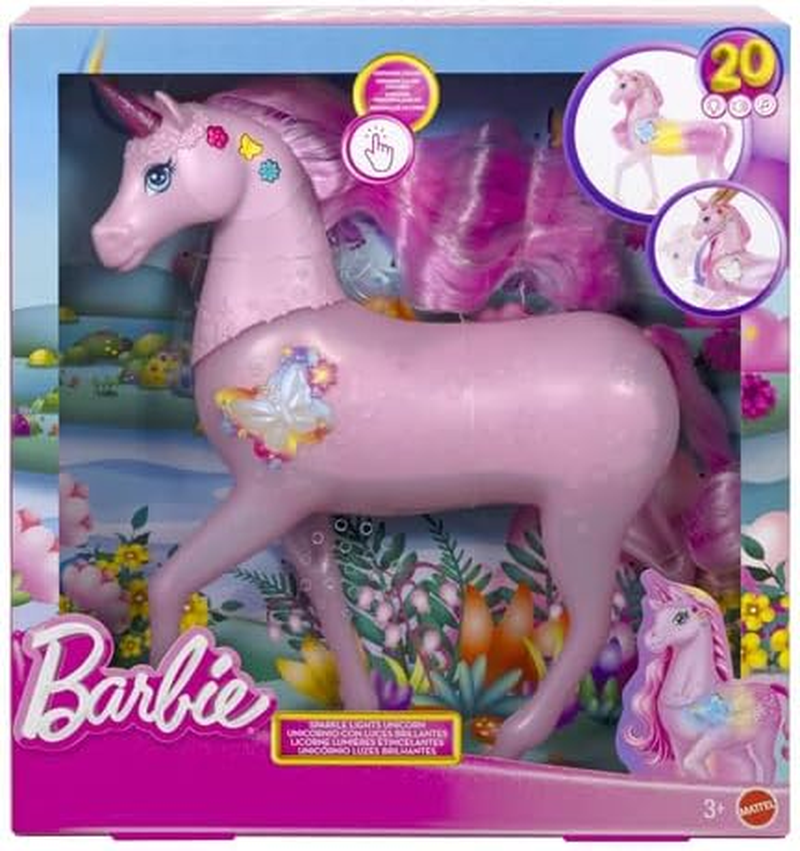 Barbie Sparkle Lights Toy Unicorn with 20 Interactive Combos of Lights, Sounds & Music, Press Buttons & Pet Head to Play