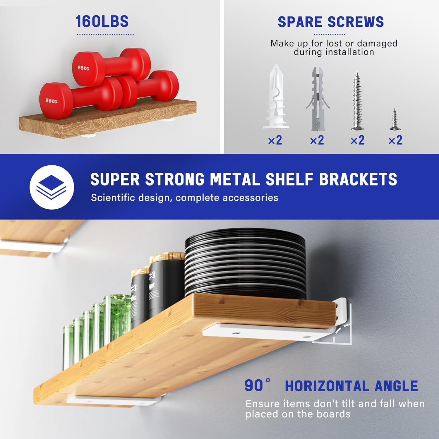 Goovilla Shelf Bracket, Heavy Duty Floating Shelf Brackets 6 Inch Long, 6 Pack Brackets for Shelves, White Coated Metal Wall Shelf Support Brackets with 1/5 Inch Thick and 160 Lb. Load Capacity image number 2