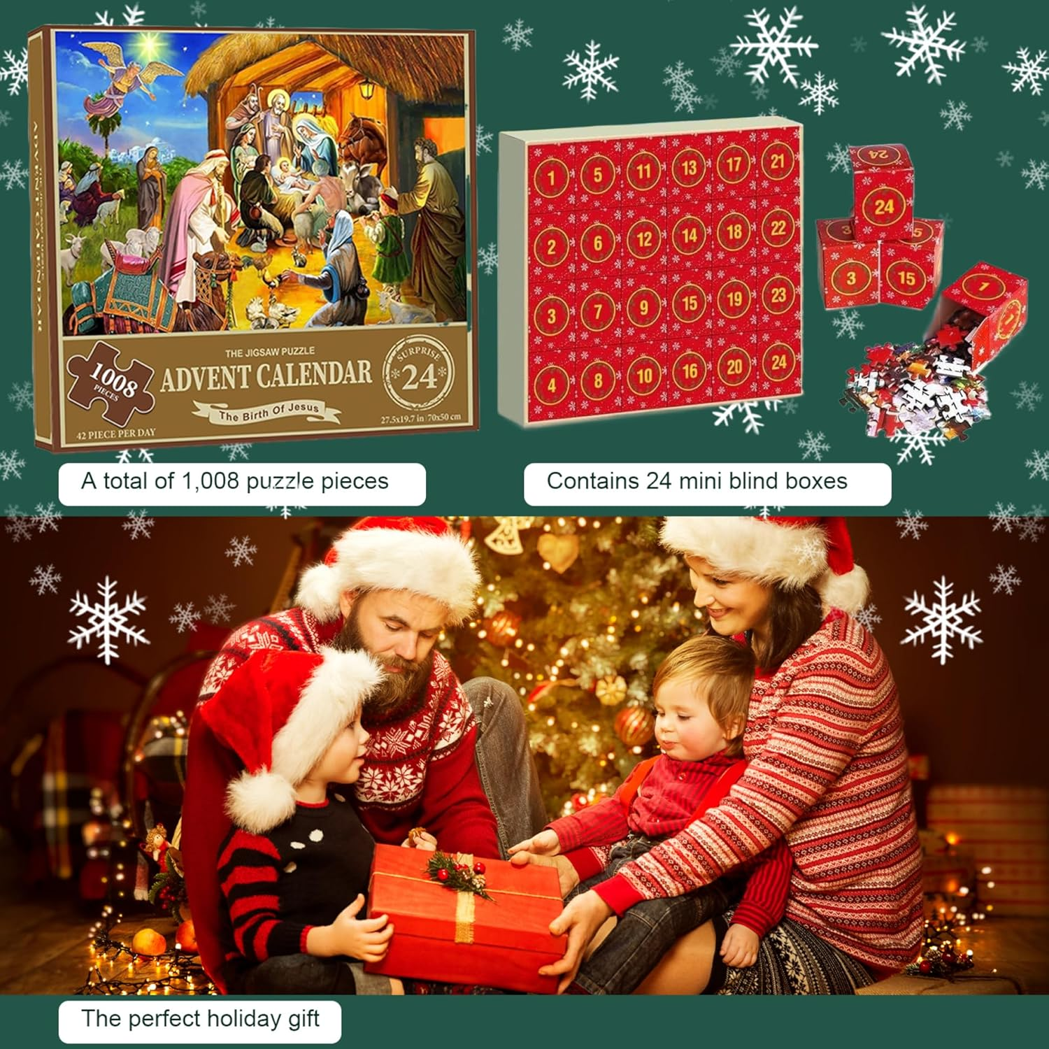 Christmas Advent Calendar 2024, 1008 Pieces Jigsaw Puzzle, 24 Days the Birth of Jesus Christmas Countdown Calendar, Advent Calendar Puzzle for Adult Kids image number 2