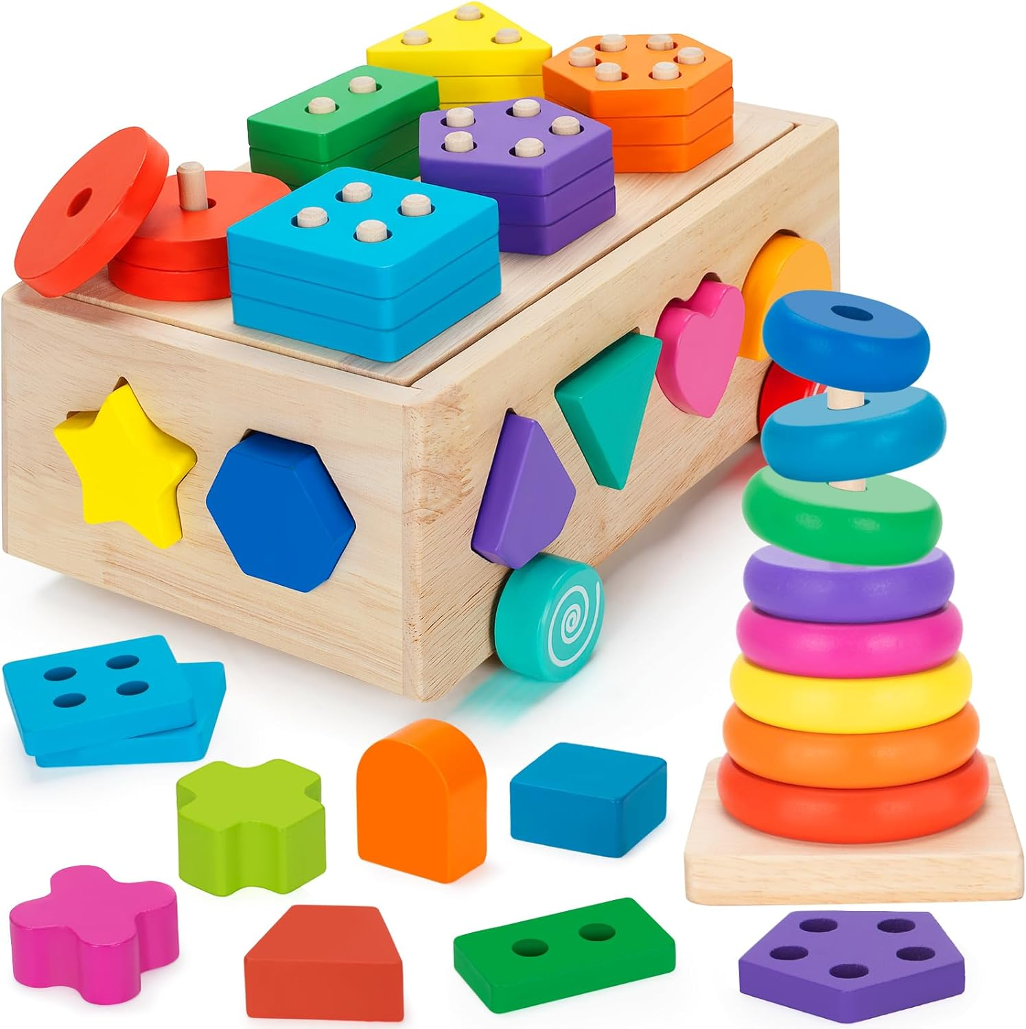 Aigybobo Montessori Toys for 1 Year Old, Baby Toy 12-18 Months, Wooden Shape Sorting & Ring Stacking Toys for Toddlers and Kids Preschool, Ideal for Boys Girls Age 1 2 3 Years Old image number 2