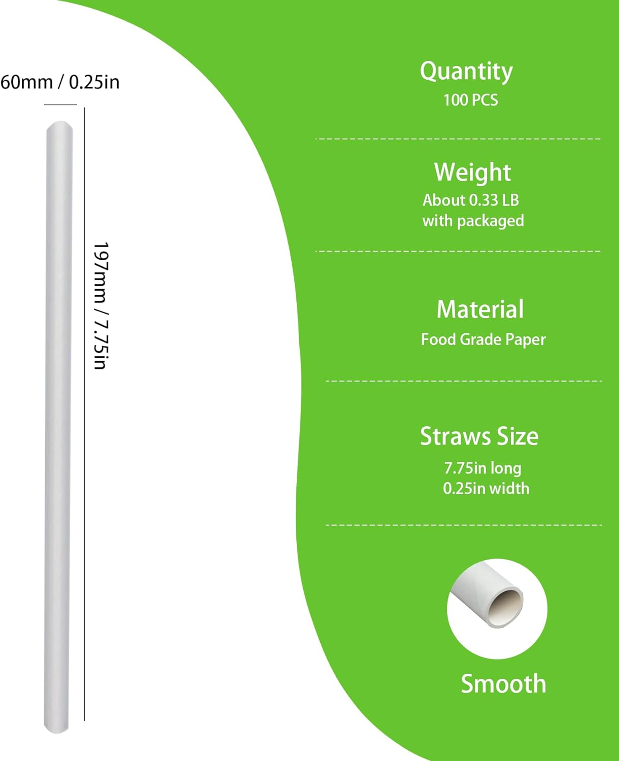 Pure White Biodegradable Paper Straws for Cocktail Pack of 100, Eco-Friendly and Recyclable Plain White Solid White Straws Made of Paper image number 6