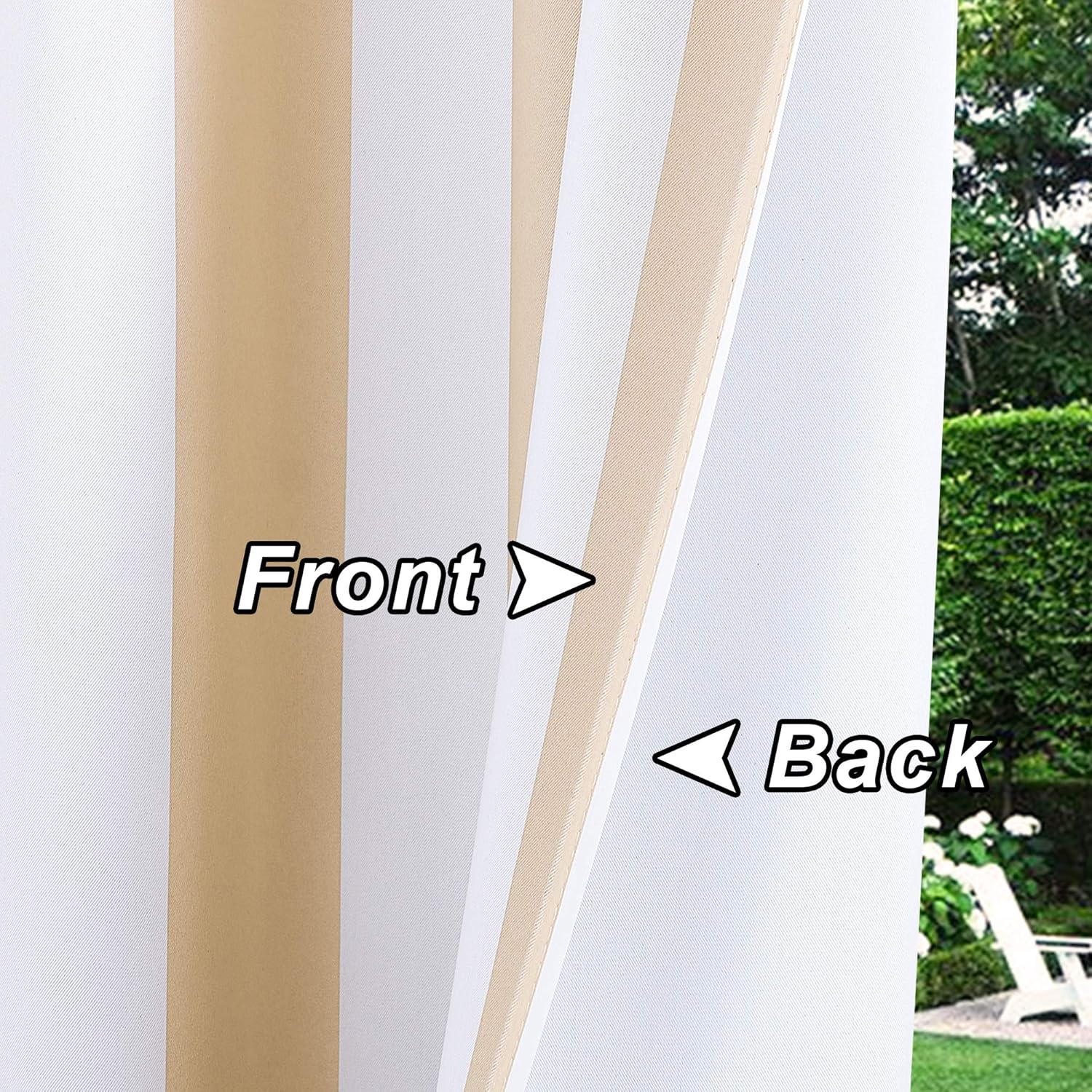 NICETOWN 2 Panels Stripe Outdoor Curtains for Patio Waterproof, Thermal Insulated Stainless Steel Grommet Room Darkening Indoor Outdoor Drapes Light Block for Pool, W52 X L108, Biscotti & White image number 6