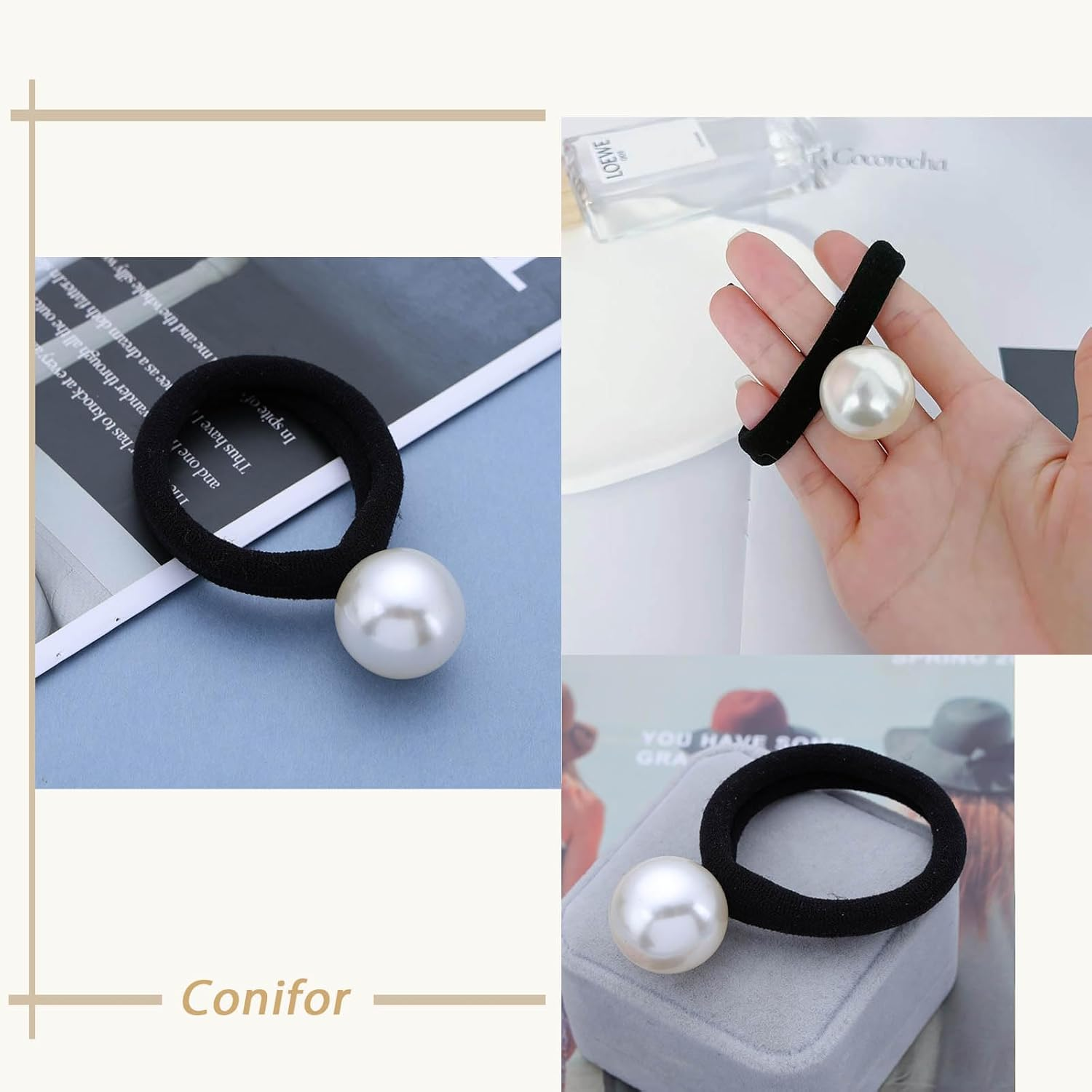 Tseenyi Pearl Hair Scrunchie Large Pearl Hair Rope White Pearl Elastic Hair Scrunchie Single Pearl Stretch Hair Bobbles Bridal Pearl Headwear Hair Rings Large Ponytail Holder Hair Band image number 3