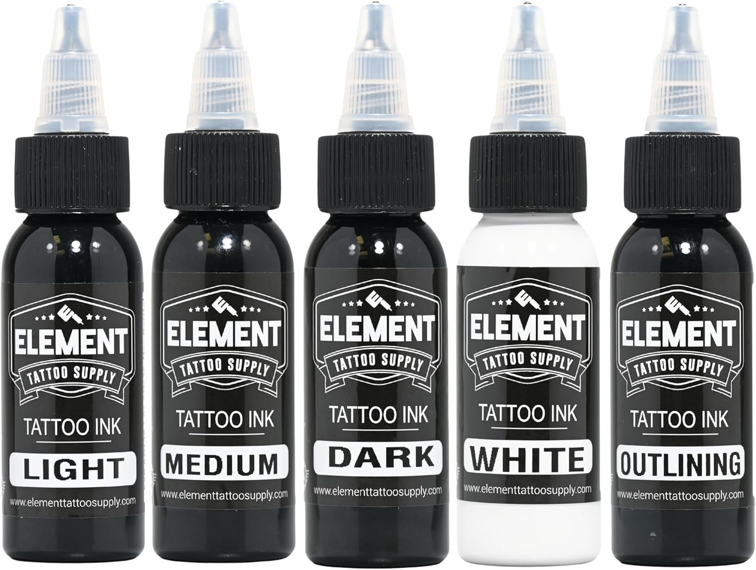 Element Tattoo Supply Greywash Tattoo Ink Set - Professional Tattooing, Light, Medium & Dark Shades, Includes Black & White Solid Inks for Outlining, Shading & Blending, 1 Oz Bottle (5 Pack) image number 1