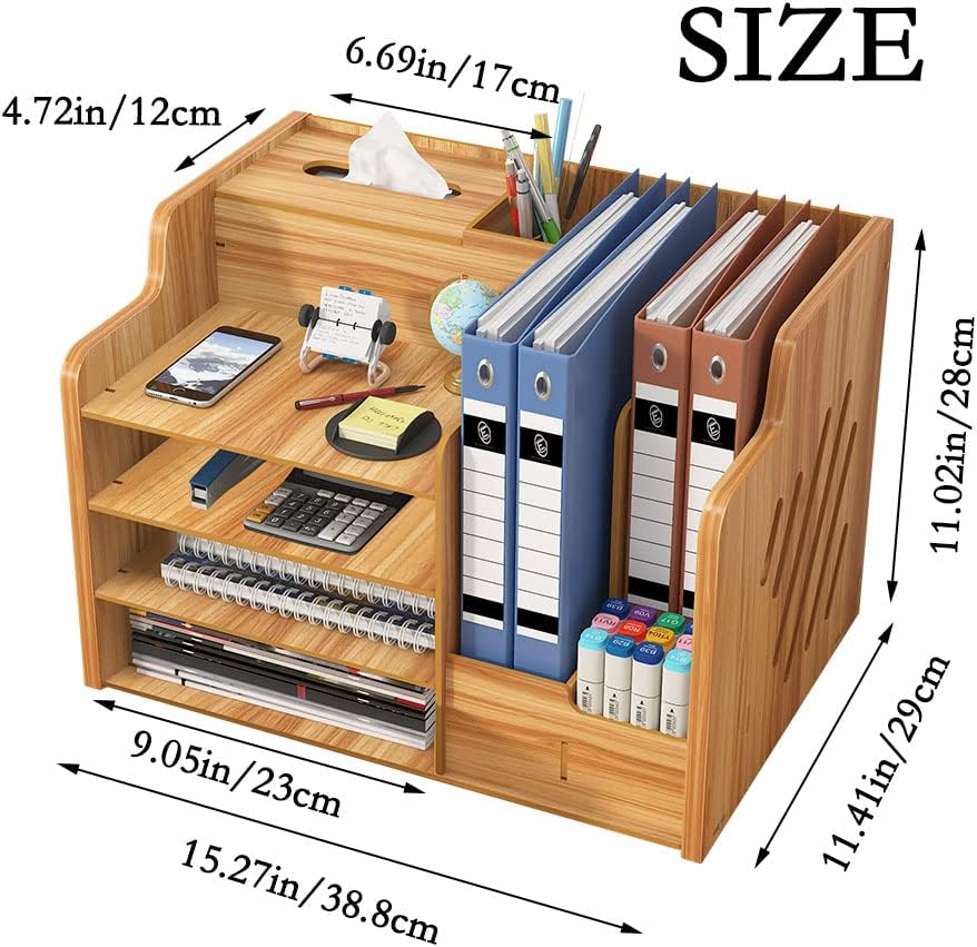 Hggzeg Updated Wooden Desk Organizer, Large Capacity Desk Tidy Storage Rack Sorter DIY Office Supplies Storage Box for A4 Papers, Books, Document and Notebook(Cherry Wood) image number 3