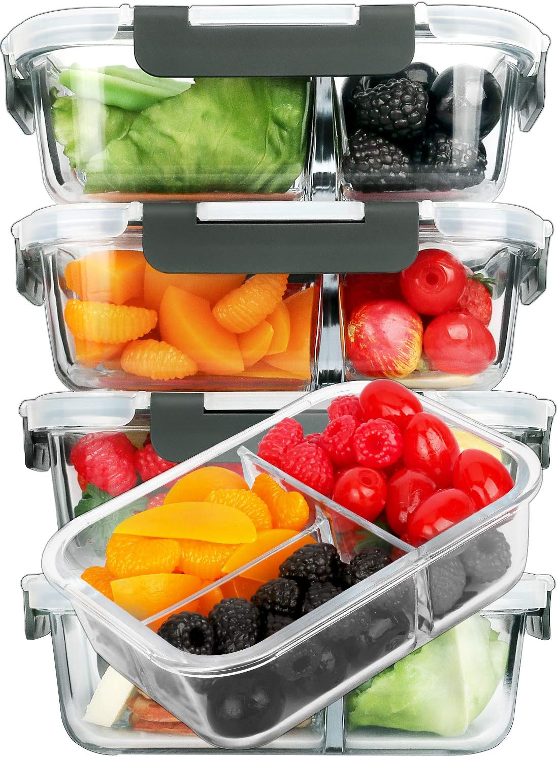 M MCIRCO [5-Pack, 36 Oz] Glass Meal Prep Containers 3 Compartment with Lids, Glass Lunch Containers,Food Prep Lunch Box,Bento Box,Bpa-Free, Microwave, Oven, Freezer, Dishwasher (4.5 Cups)