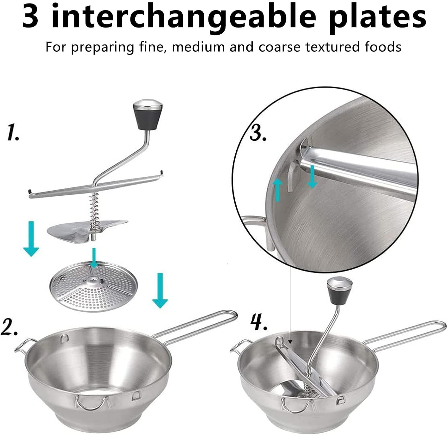 Stainless Steel Food Masher, Easy Cleanup 2 Quart Manual Baby Food Mill for Making Puree and Soups with 3 Interchangeable Discs for Straining Fruits and Vegetables image number 2