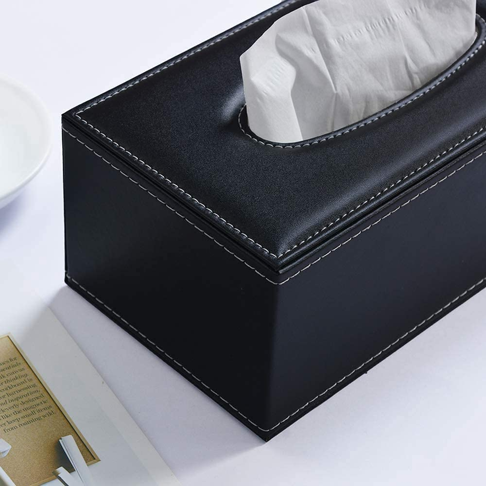Uandhome Leather Tissue Box, Black Rectangle Tissue Paper Holder Box Cover Napkin Organizer Holder Home Kitchen Storage Room Office Car Decoration image number 6
