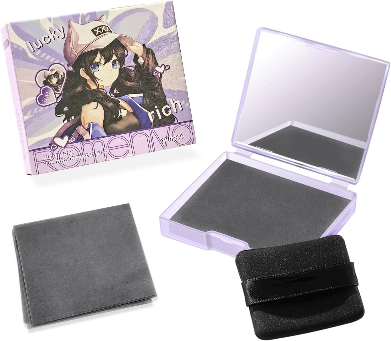 BOROLA 3-In-1 Lucky Girl Oil Blotting Paper Set for Face 100 Sheets Oil Absorbing Sheet with Portable Mirror & Adhesive Makeup Puff for Oily Skin, Design for Men & Women(Purple)