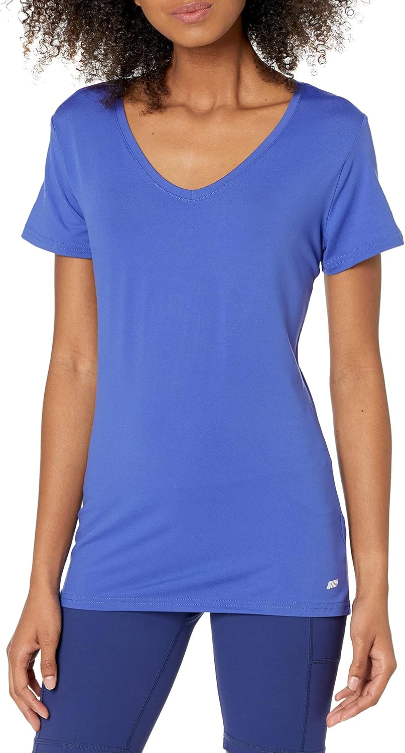 Amazon Essentials Women'S Tech Stretch Short-Sleeve V-Neck T-Shirt (Available in plus Size), Pack of 2, Black/Bright Blue, Large image number 5