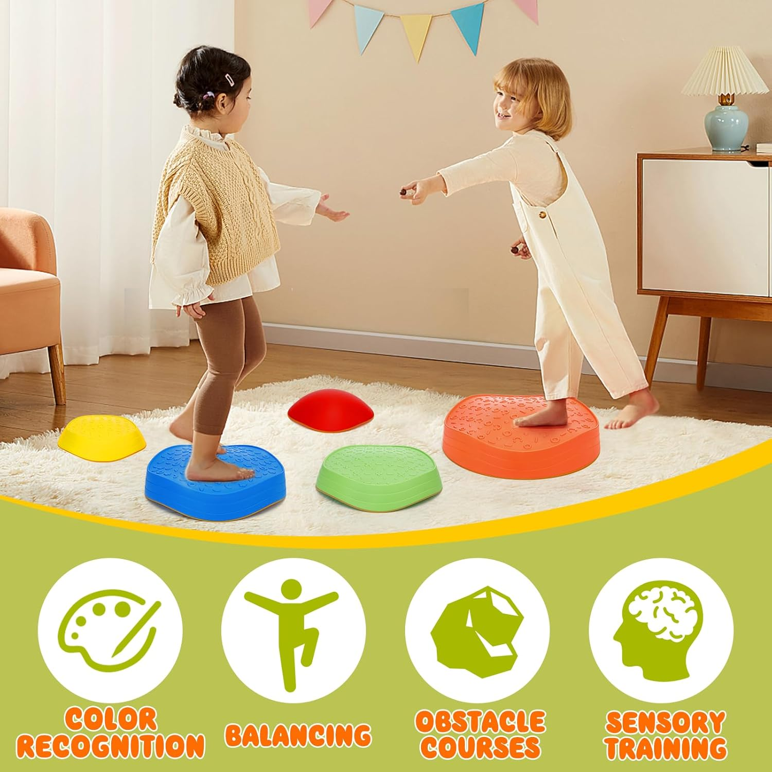 5 Pieces Stepping Stones for Kids, Non-Slip Plastic Rubber Balance Stones for Kids Coordination Skills Sensory Toys Obstacle Course image number 2