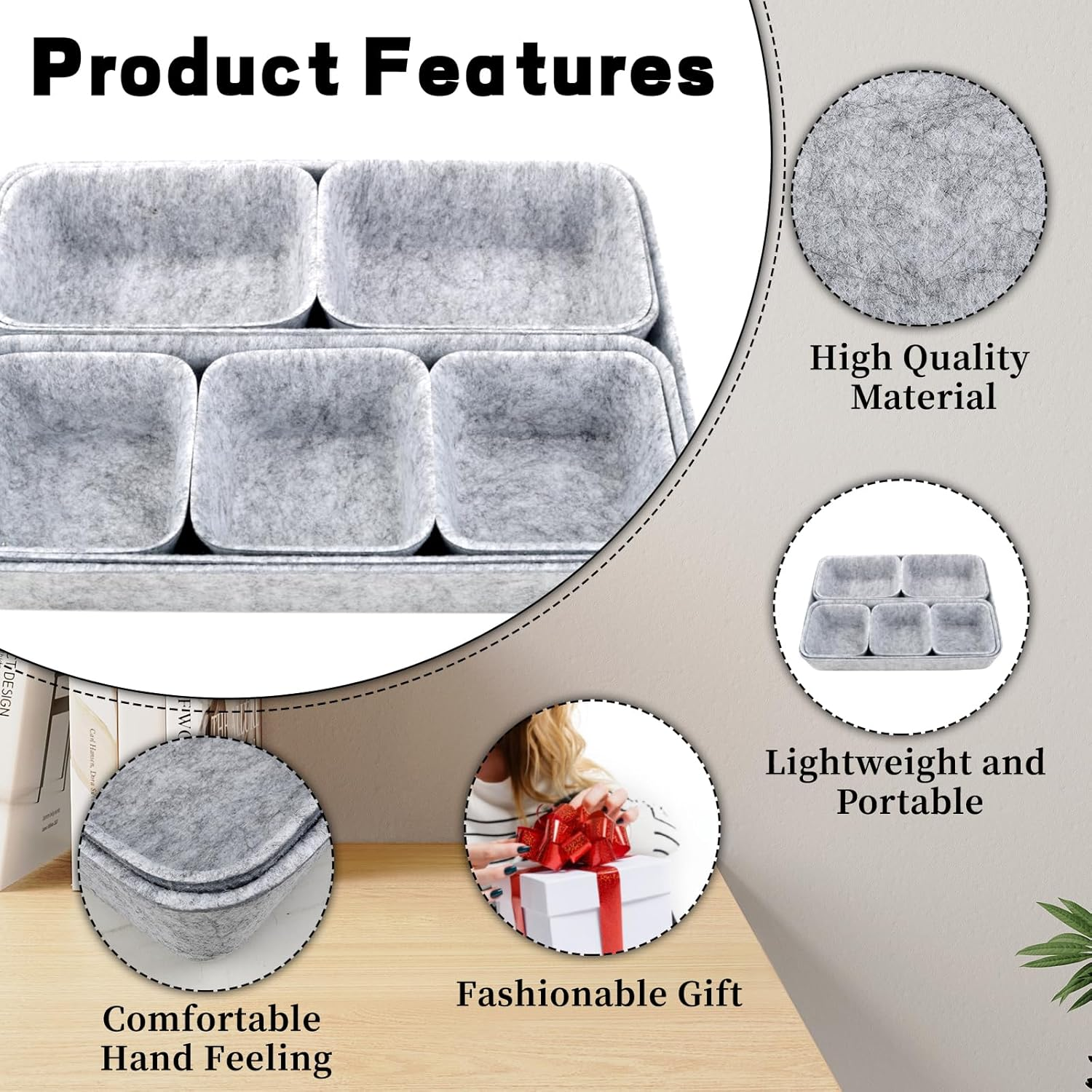 CTYUEYUN Felt Drawer Organiser, Pack of 8, Stackable Felt Organiser Drawer, Dressing Table Organiser for Drawer, Desk Organiser, Drawers for Desk, Bedroom, Bathroom, Kitchen (Light Grey) image number 6