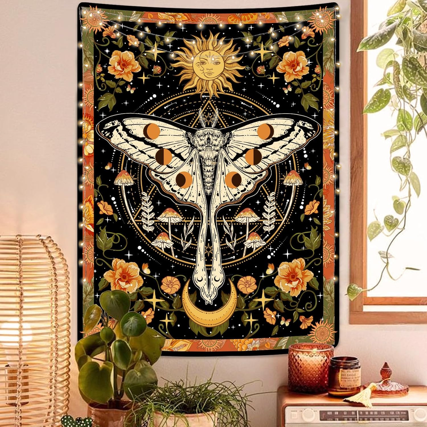 Aipon Orange Moth Tapestry Boho Retro Floral Flowers Tapestries Aesthetic Vintage Mushroom Tapestry Bedroom Indie Vertical Tapestry Wall Hanging for Living Room Dorm (44.00'' &times; 60.00'', Orange) image number 1