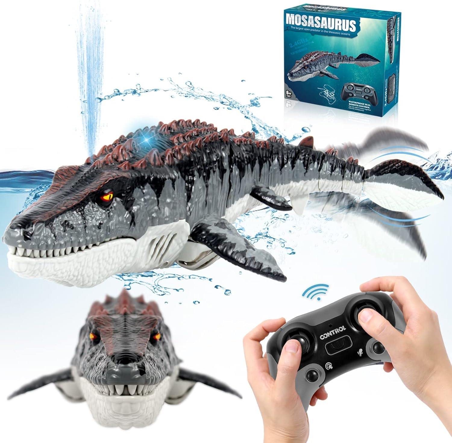 Remote Control Mosasaurus Dinosaur Toys for Kids, Upgrade Mosasaurus Water Toy, Pool Toys, RC Dino with Light and Spray Water for Swimming Bath Lake Ocean RC Boat Shark Toys image number 2