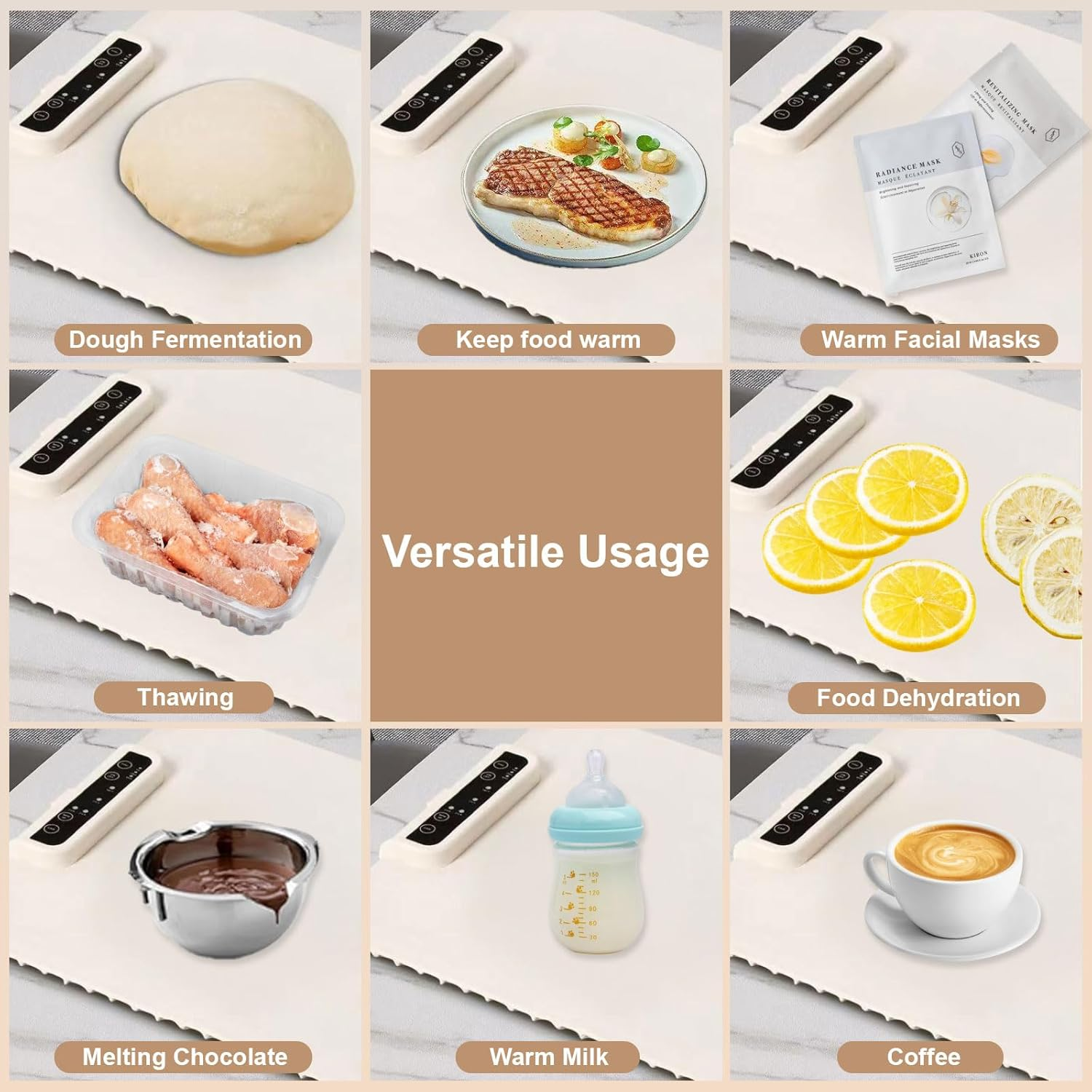 Zurligi Electric Food Warming Mat, with 2 Kitchen Towels, 61X38 Cm Portable & Rollable Silicone Warming Tray, Full Surface Heating, 3 Temperature Settings (60&deg;C/80&deg;C/100&deg;C)- Australian Plug - White image number 5