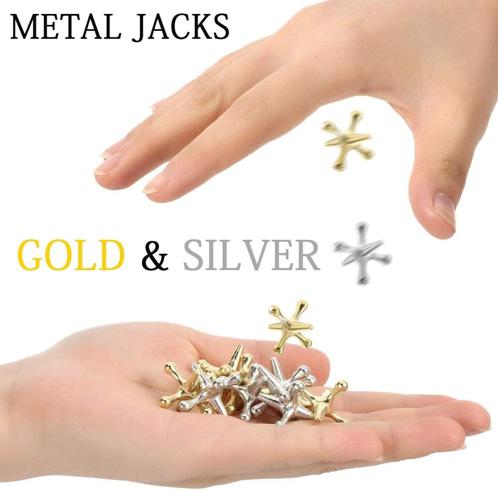 3 Sets Retro Metal Jacks and Ball Game Kit - 3 Pcs Red Rubber Balls & 30 Pcs Gold and Silver Metal Jacks, Classic Game of Jacks for Party Favor, Game Prizes, Kids and Adult image number 4