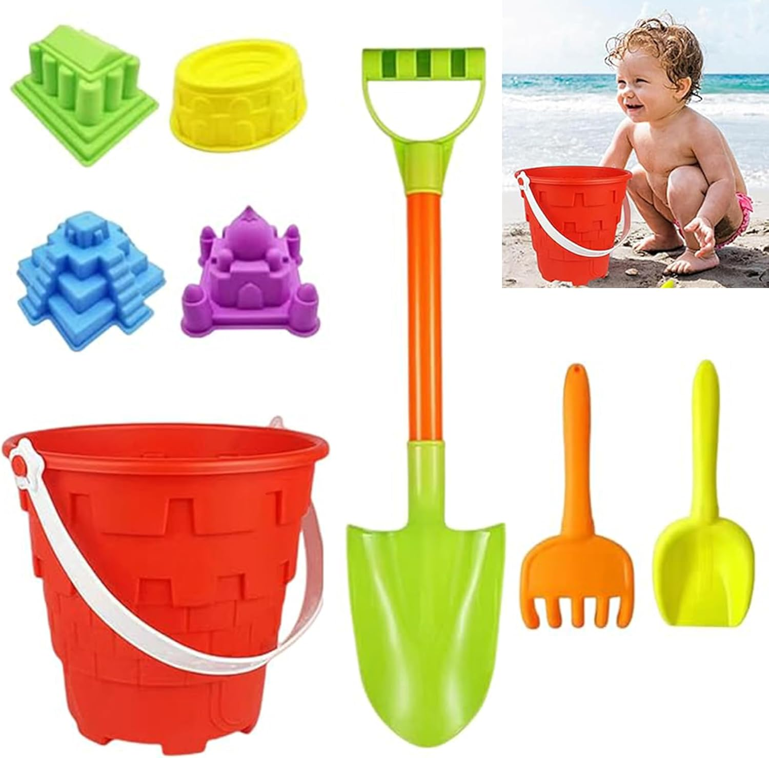Beach Bucket 8Pcs Beach Toys for Kids Sand Toys Includes Bucket, Shovel,Rake,Sand Sifter Shovels, Castle Bucket and Shovel image number 1