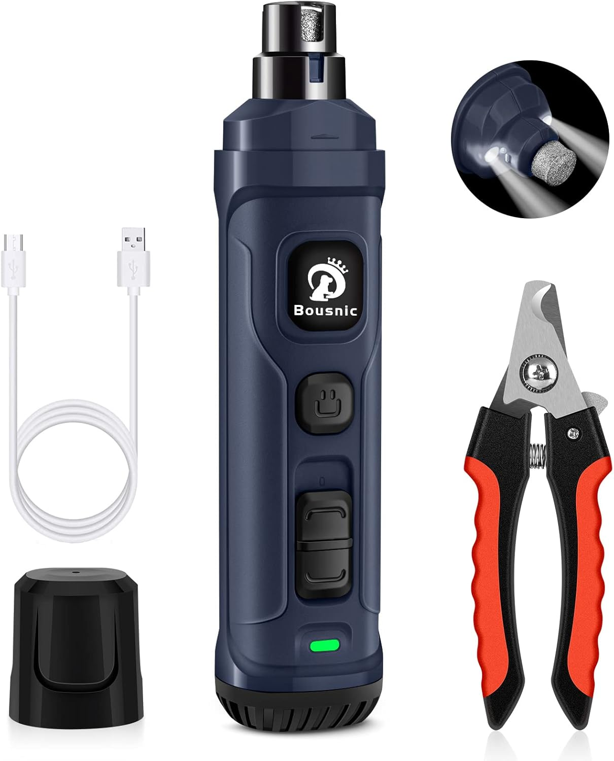 Bousnic Dog Nail Grinder and Clipper Kit - 2-Speed & 2 LED Lights Electric Rechargeable Pet Nail Trimmer Painless Paws Grooming & Smoothing for Small Medium Large Dogs & Cats