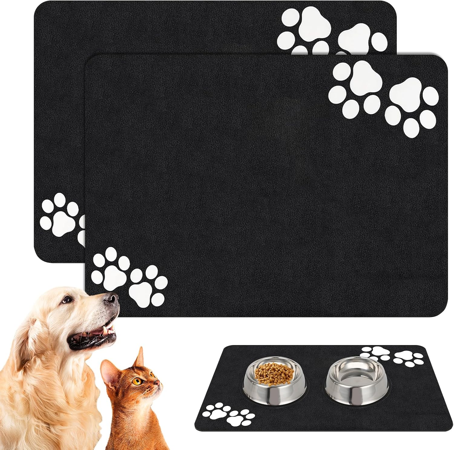 Bowl Mat Dog and Cat, Pack of 2 60 X 40 Cm Non-Slip Bowl Mat, Super Absorbent Dog Bowl Mat, Cat Feeding Mat with Paw Pattern, Waterproof Feeding Mat for Pets (Black)