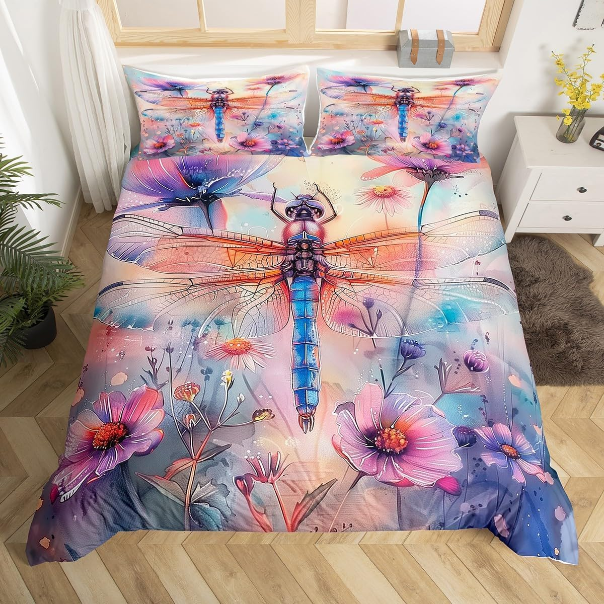 BJCJGGL King Quilt Cover Dragonfly Bedding for Kids Aldult Duvet Cover with Zipper Closure + 2 Pillowcases 50X75 Cm - Soft Breathable Microfiber Quilt Cover - 245X210 Cm