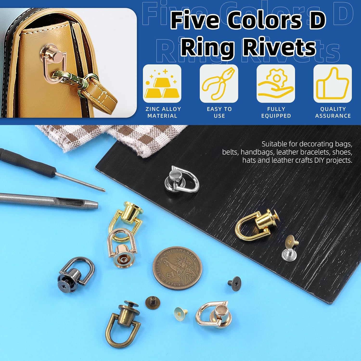 Glarks 41Pcs D Ring Rivets Kit Light Gold Ball Post Head Buttons Metal D Ring Stud Rivets Rotatable round Rivets with Screwdriver for Bags, Belts, DIY Leather Crafts - Black image number 3