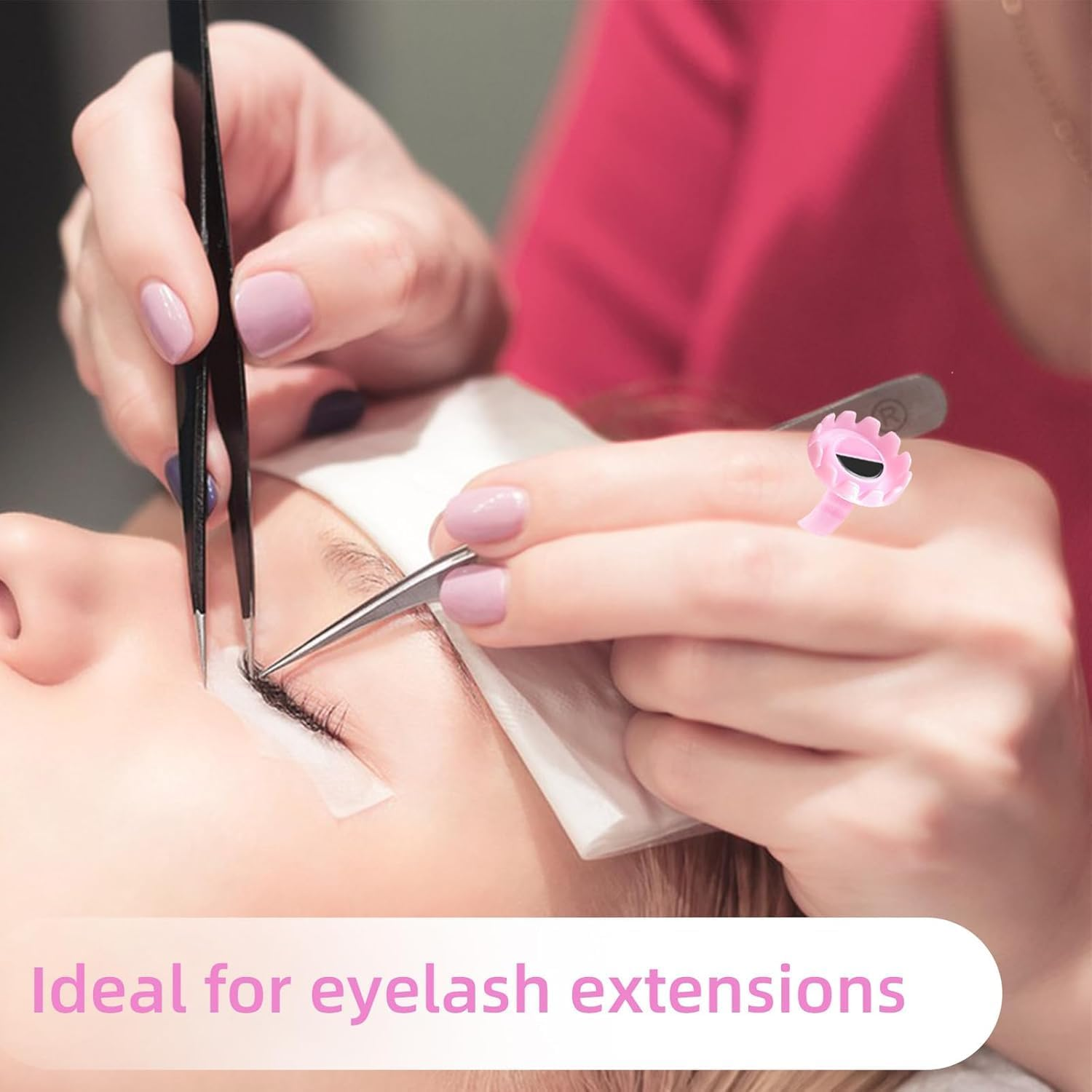 Pink Flower Shaped Plastic Lash Glue Rings, 100Pcs Lashes Lash Glues Holder Ring Glue Cup Rings, Pink Lash Extension Ring Holder Cup Glue Ring for Eyelash Extensions image number 5