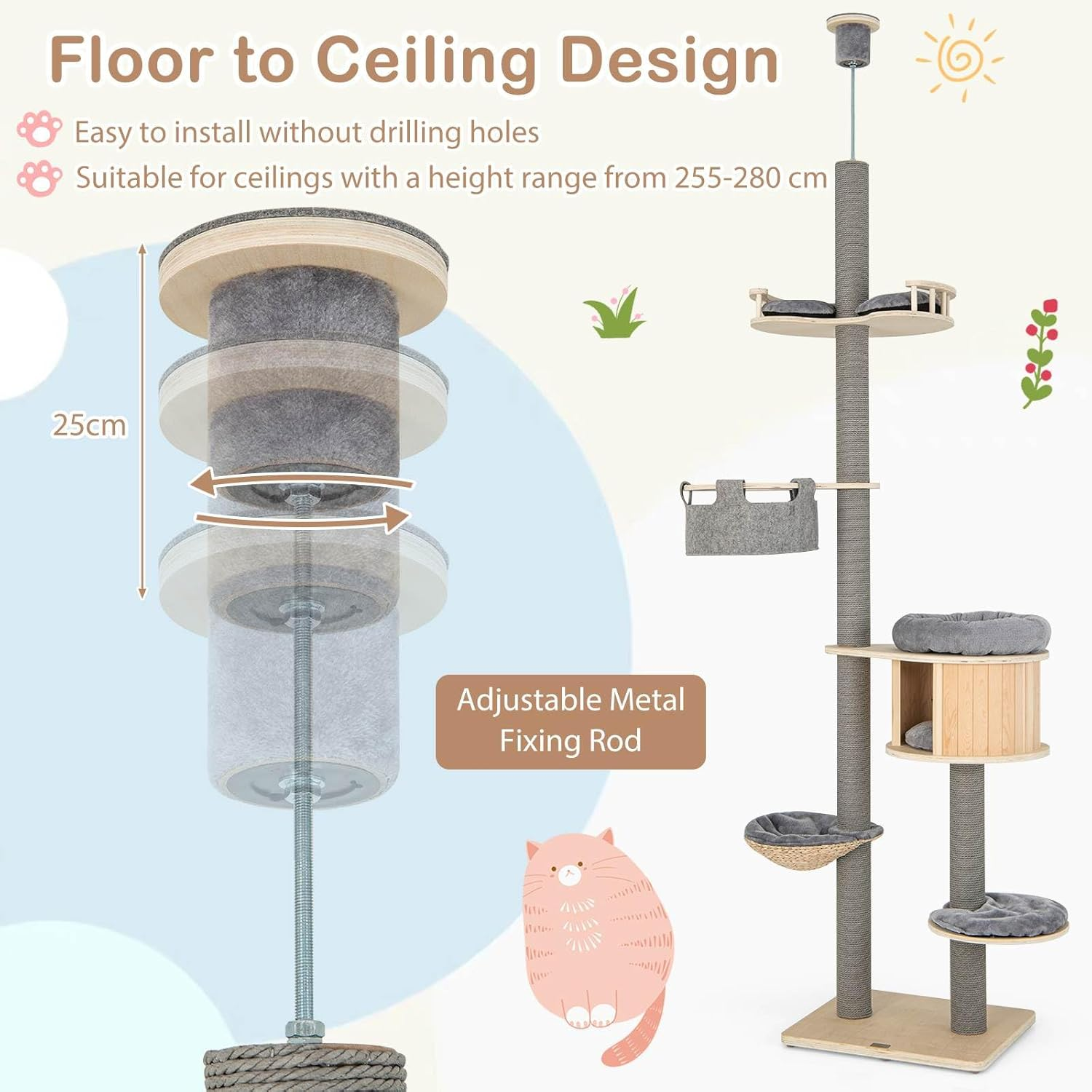 Costway 6-Tier Floor-To-Ceiling Cat Tree, 255-280Cm Adjustable Height, Tall Cat Tower with Cat Condo, Hammock, Scratching Posts, Springboard, Platform, Cat Climbing Activity Center for Indoor Kittens image number 6