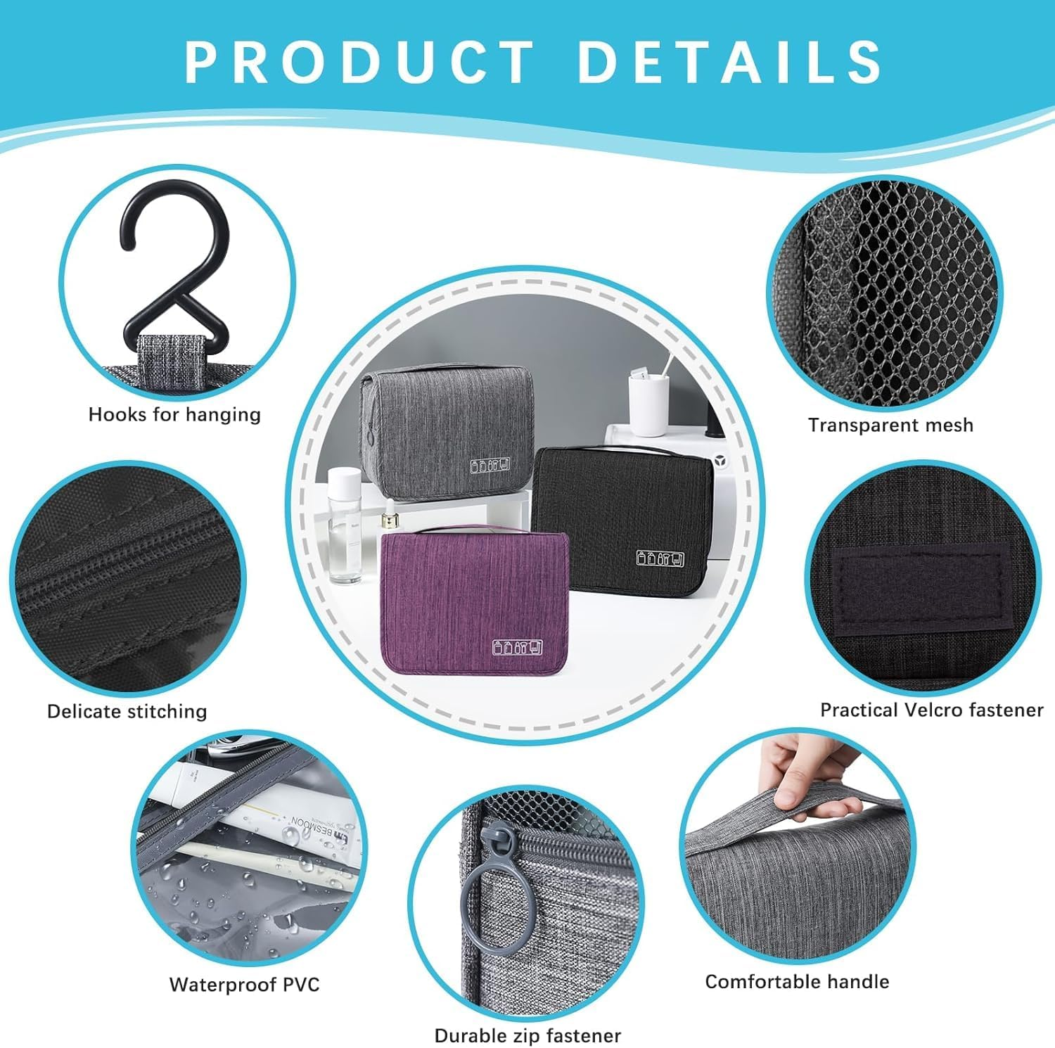 Hanging Toiletry Bag, Foldable Travel Toiletry Bag, Cosmetic Wash Bag with Zipper Carry Handle, Waterproof Makeup Bag Organizer Pouch for Men and Women Grey image number 3