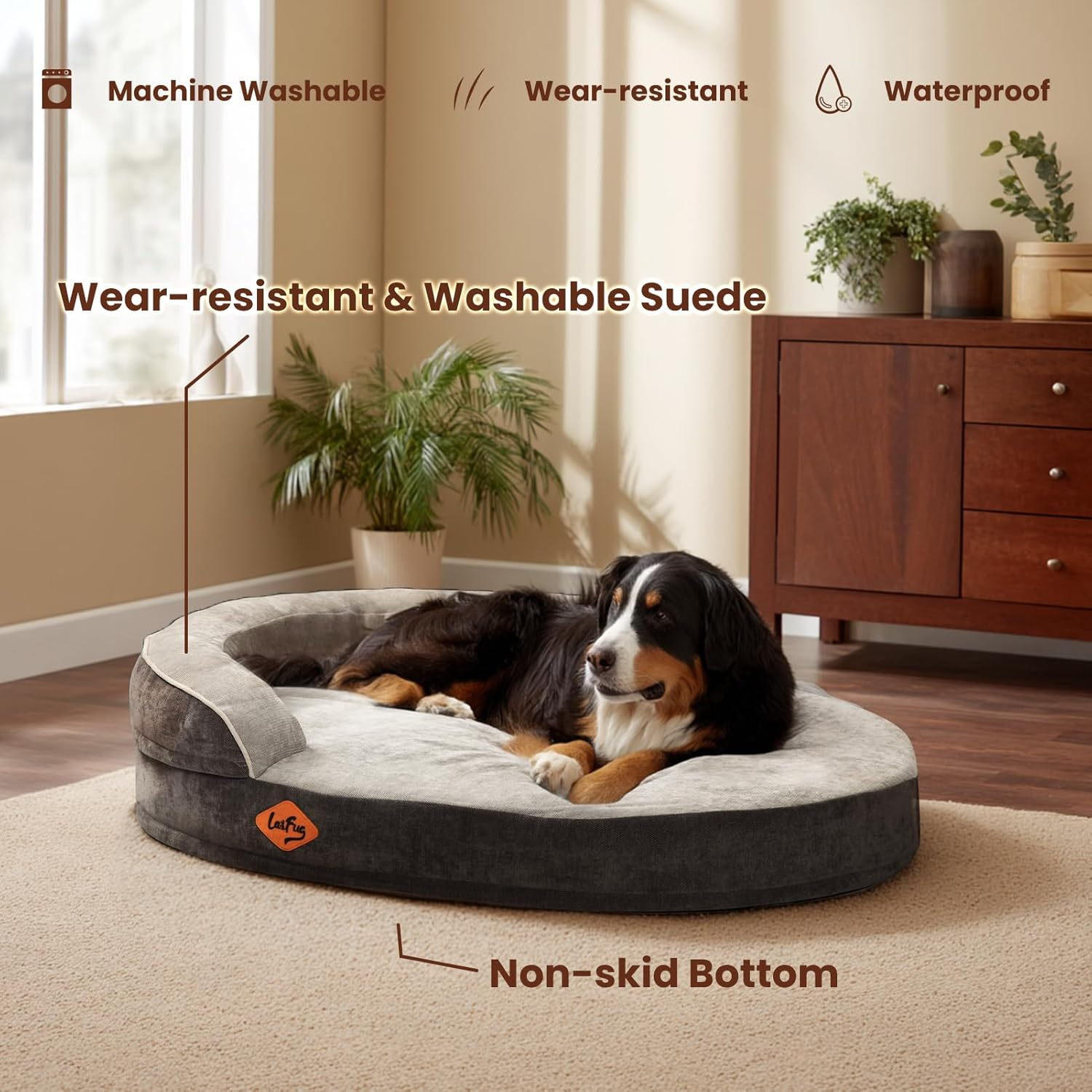 Laifug Memory Foam Oval Dog Bed (44X30X9Inches, Grey), Orthopedic Dog Bed for Dogs with Durable Waterproof Liner & Removable Washable Cover & Nonskid Bottom image number 3