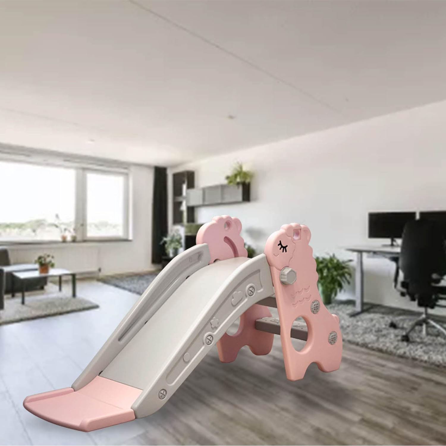 Kids Climber Play Slide, 2 Stairs Indoor Slide Toy Free Standing Foldable Safe for Baby for Living Room (Pink Gray) image number 3