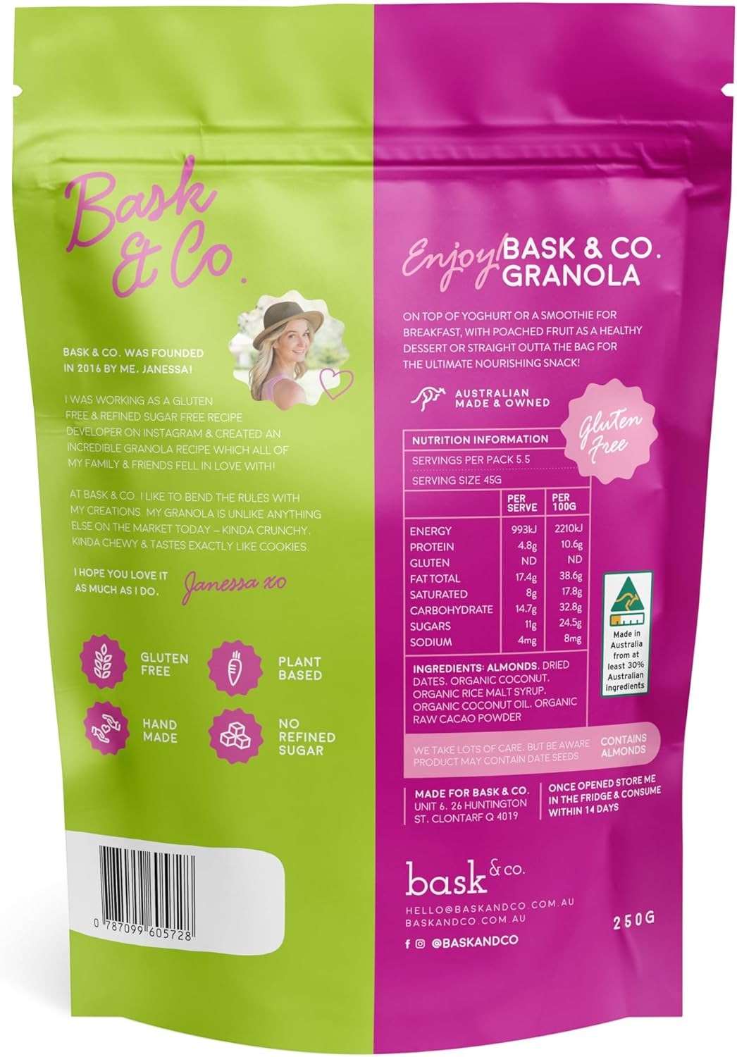 Bask & Co Gluten Free Granola Clusters - Dark Chocolate 250G