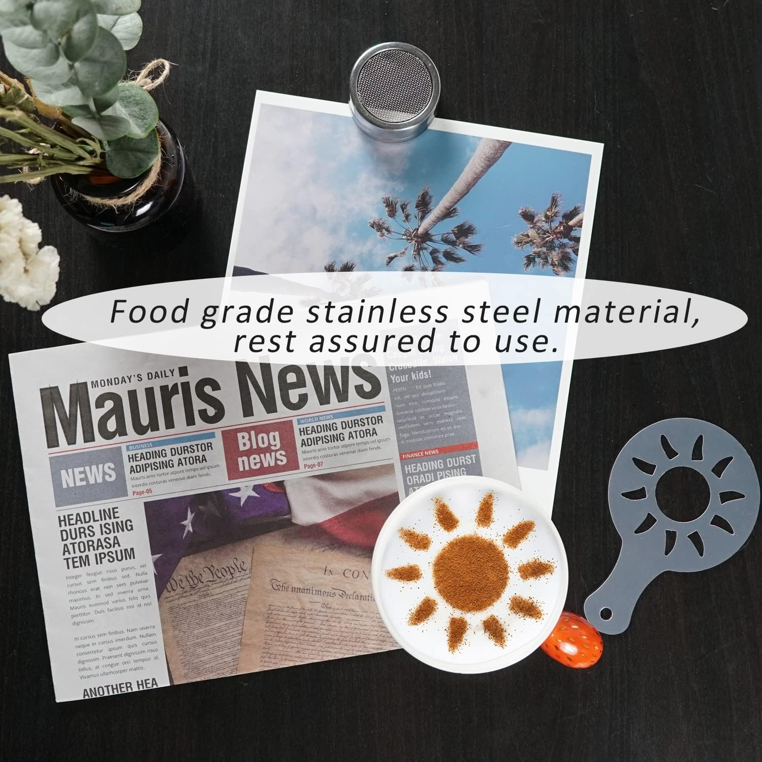 Mauts 2 Pack Chocolate Shaker Dusters Mesh Powder Shaker Shaker 16 Coffee Templates Set for Syrup,Cream,Powderedsugar,Cocoa,Cappuccino,For Kitchen,Drinks,Baking image number 4