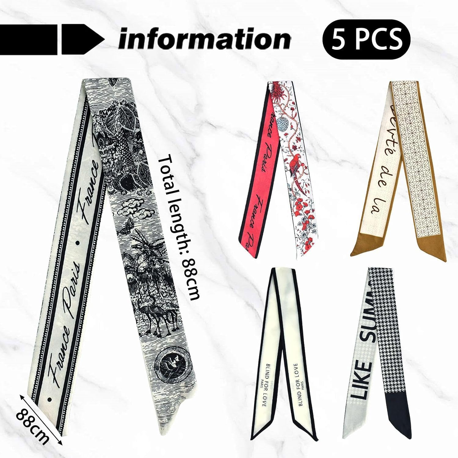 5 Silk Scarf Headbands, Retro Hair Bands, Daily Pendulum Decoration Ribbons, Jeans Decoration Ribbons, Gifts for Friends and Girlfriends image number 1