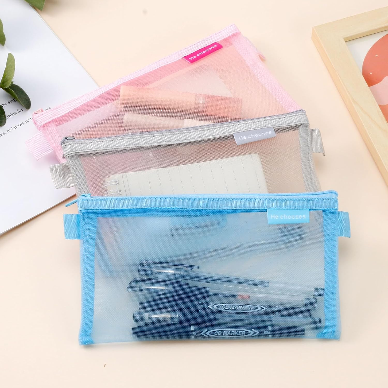 Koceci 8 PCS Nylon Pencil Pouch Zippered, Makeup Bag for Women Grid Mesh Pencil Case Portable Office School Stationery Storage Pouch for Students Adults (Colorful) image number 2