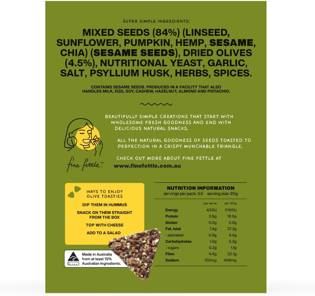 Fine Fettle Toasties Multipack 110G X 3 (Dukkah, Olive & Seaweed Toasties). Gourmet Crackers and Healthy Snacks - Gluten Free, Low Carb and Vegan - Crispy Toasted Seed Crackers with 6 Wholesome Seeds image number 6