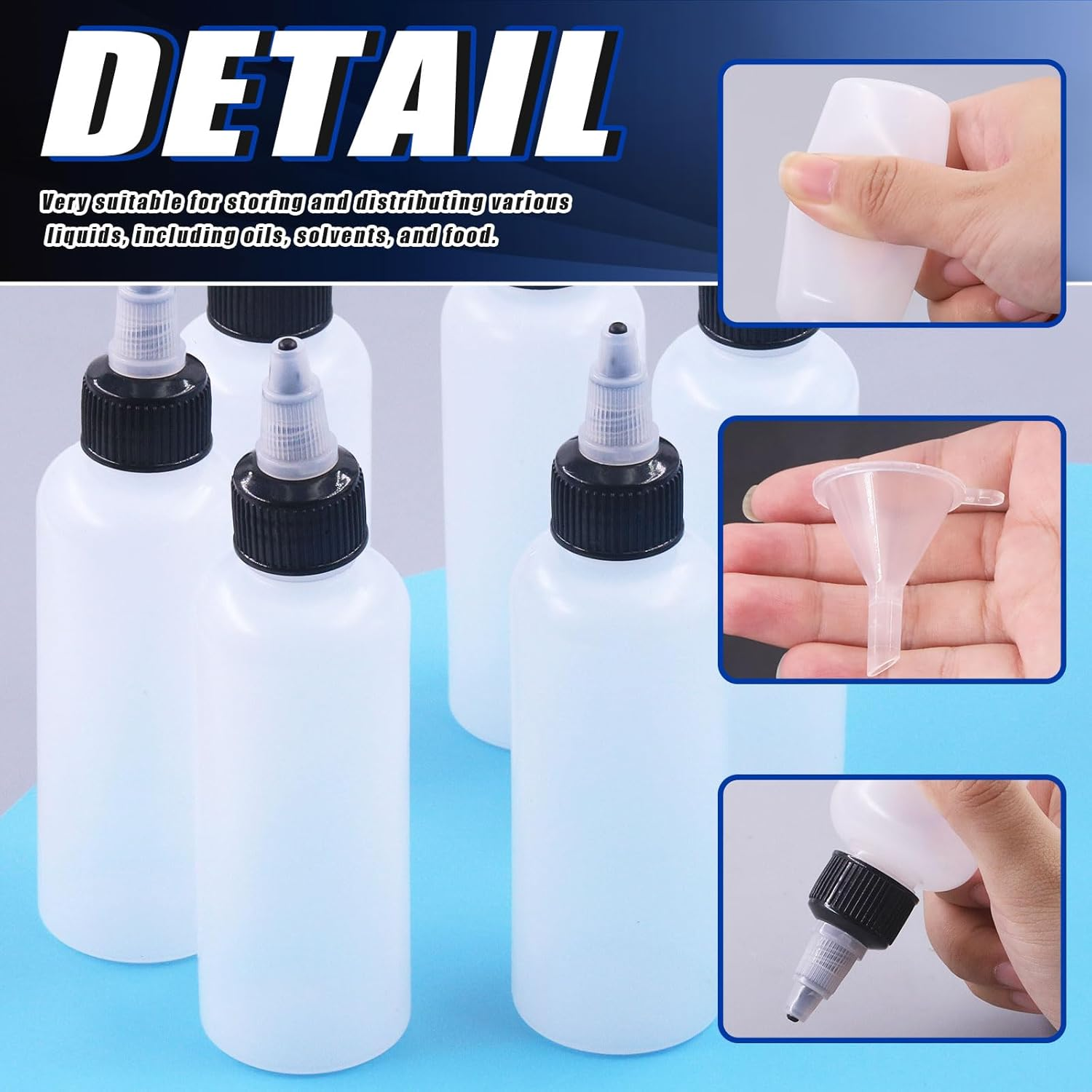 Glarks 15Pcs 100Ml/4Oz Dispensing Bottles with Funnel Set, Boston round LDPE Plastic Bottle, Clear Plastic Squeeze Bottles with Twist Top Cap for Kitchen, Household, Arts and Crafts image number 6