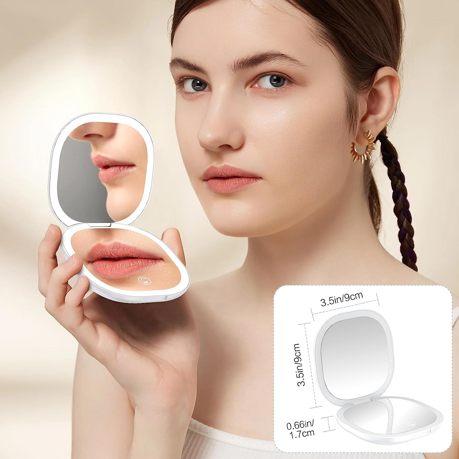 YUKAIONE Rechargeable LED Makeup Mirror, Compact Travel Mirror with 1X/10X Magnification, 3 Color Lights, Mini Magnetic Pocket Mirror for Women(White) image number 6