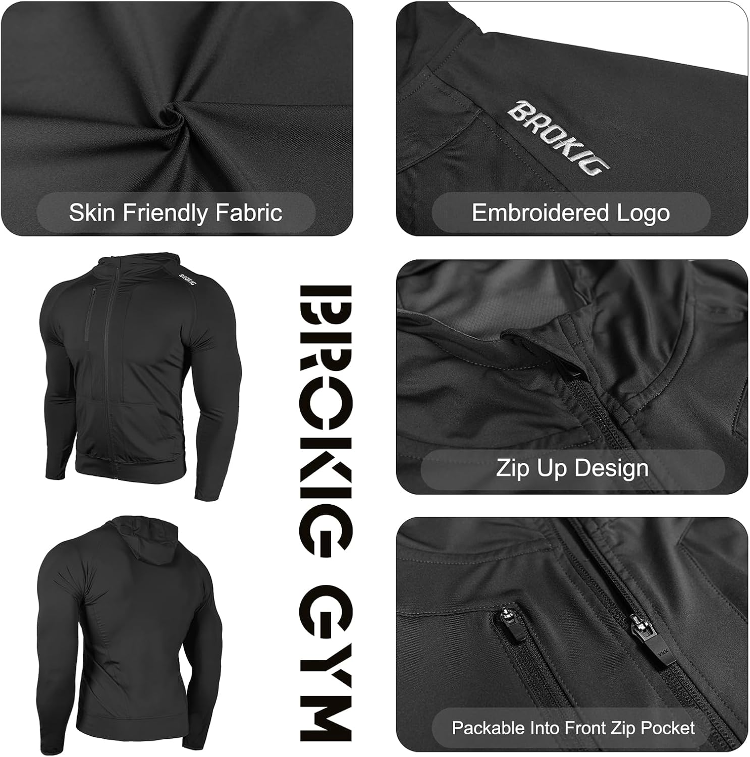 BROKIG Men'S Gym Running Jackets,Lightweight Zip up Hoodie Casual Quick Dry Sports Workout Sweatshirts with Pockets image number 1