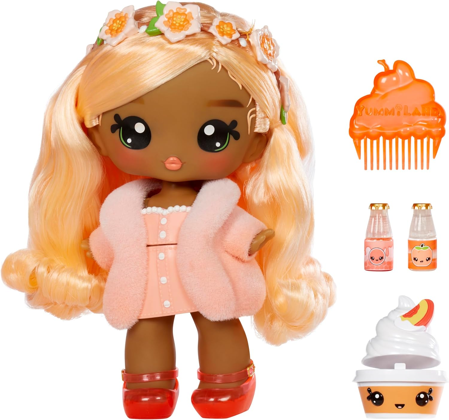Yummiland Large Doll and Num Nom Lipgloss Pet - Bianca Bubblegum and Cake Slice - Scented Character Doll with DIY Lipgloss Kit - Suitable for Kids Ages 4+