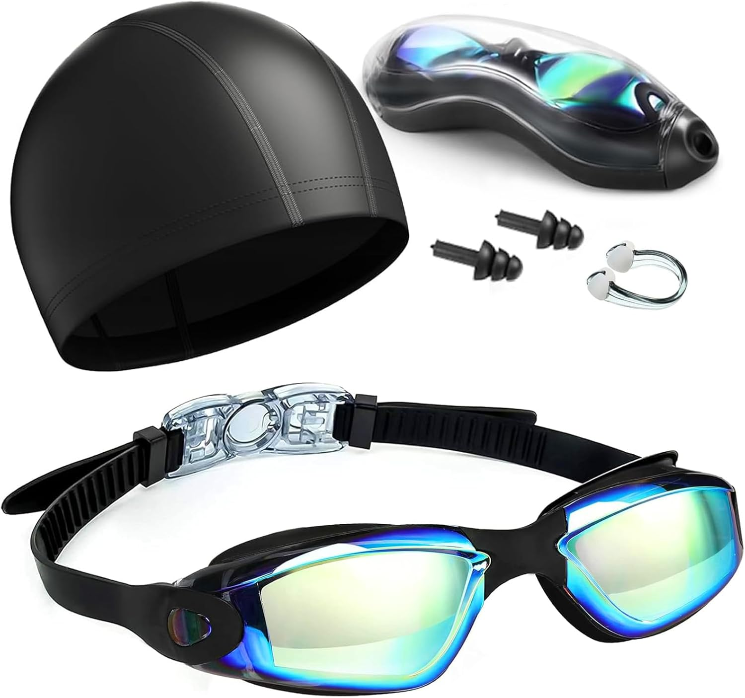 4 in 1 Swimming Goggles Set, Professional Swim Goggles HD Lenses, UV Protection No Leaking anti Fog,Adjustable Size Swim Goggles with Nose Clip,Swim Cap, Earplugs, Case,Suitable Adult/Children image number 5