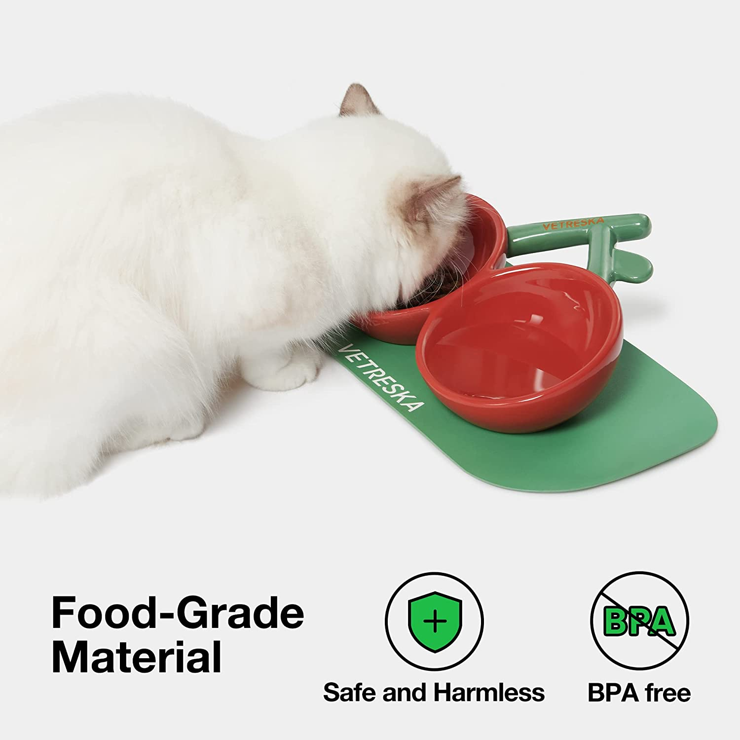 VETRESKA Cat Food Bowl Ceramic Cat Bowls for Food and Water Tilted Puppy Cat Feeding Bowl Relieve Whisker Fatigue Cherry Cat Bowls anti Vomit Wide Shallow Cat Dishes Non-Slip Medium Small Dog Pet Bowl - Cherry image number 2