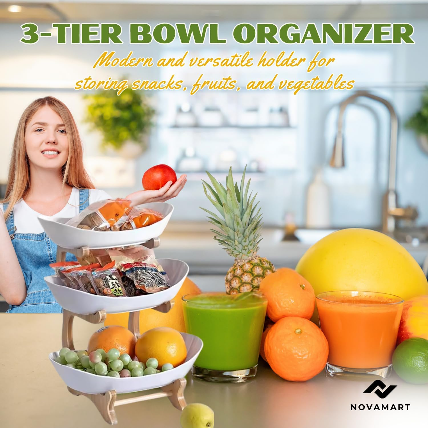 NOVAMART 3-Tier Fruit Bowl &ndash; Bamboo Wood Stand Tiered Fruit Basket for Kitchen Countertop, Produce, Vegetables, Bread & Snack Organizer &ndash; Space-Saving Counter Storage Display image number 4