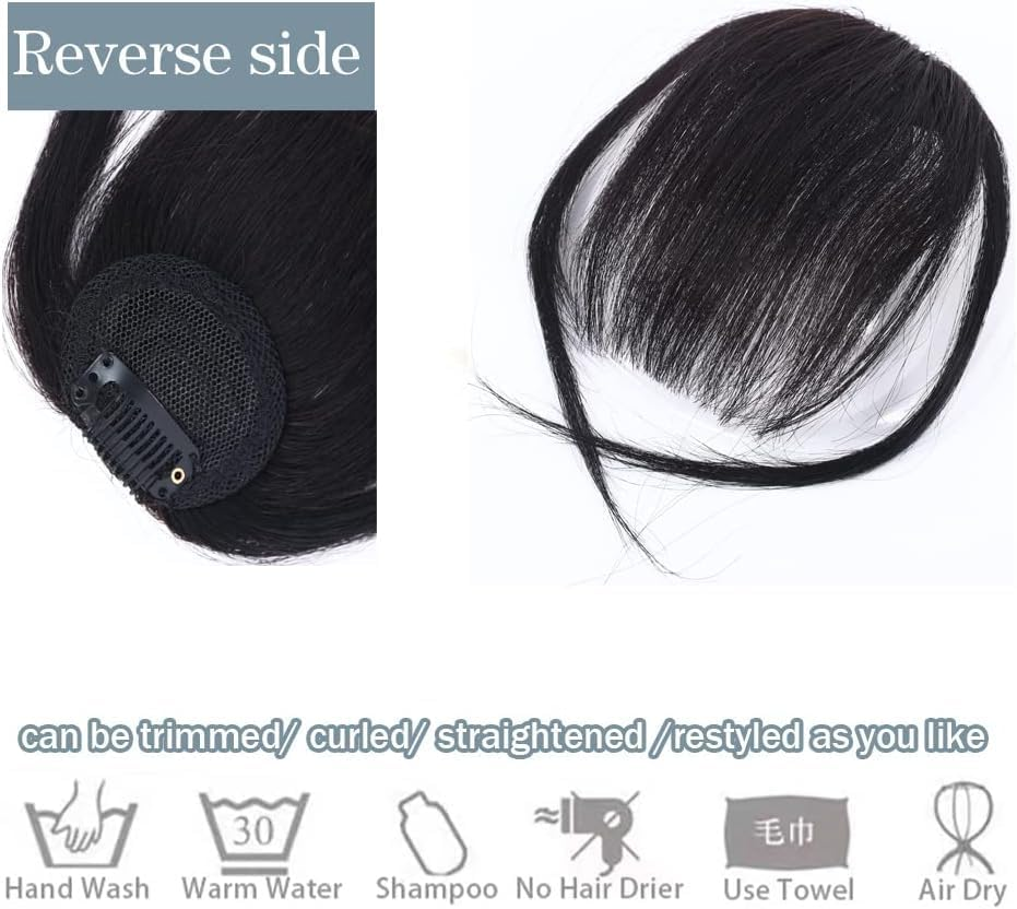 Clip in Bangs, 100% Human Hair Clip on Bangs &ndash; Wispy Fringe with Temples, Air Flat Neat Hairpieces, Daily Wear Hair Accessory for Women (Natural Black) image number 2