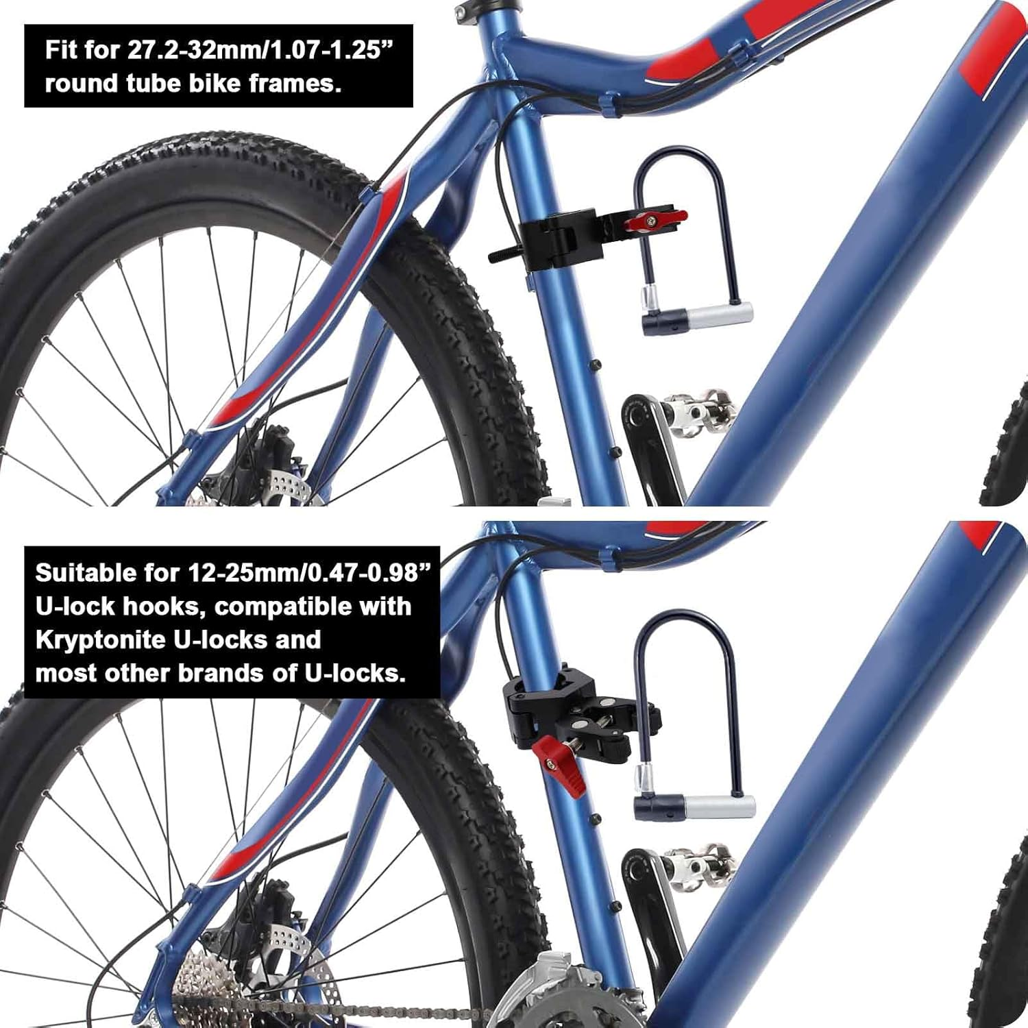 U Lock Bike Mount, Heavy Duty Aluminum Alloy Bike Lock Holder Clamp Lock Mounting Bracket, Quiet, Fits 0.47-0.98" Shackles Compatible with Kryptonite and Most Other Bicycle U-Locks Accessories image number 1