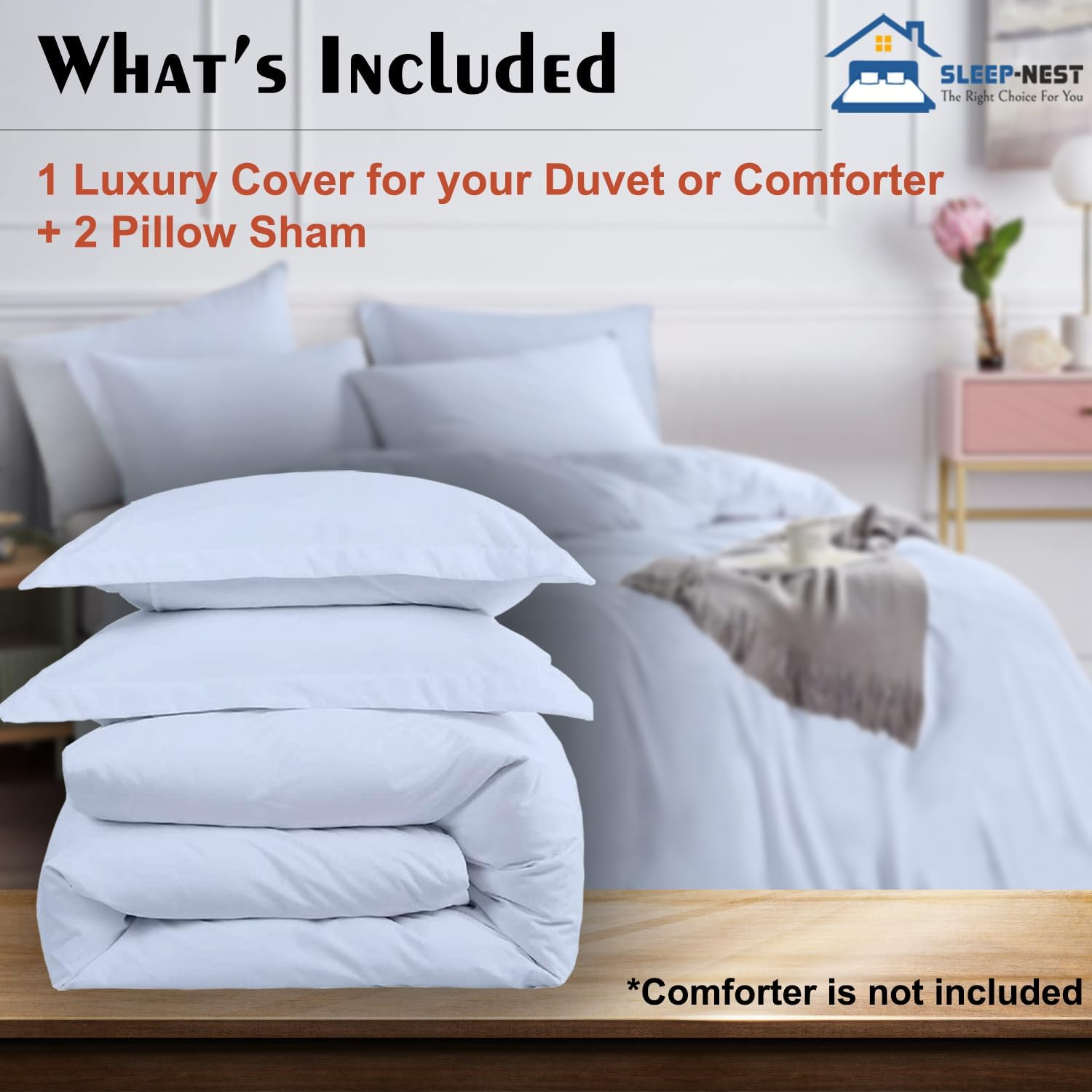 SLEEP-NEST Hotel Luxury Duvet Cover King Size 104"X90", 3 Piece All-Season Bedding Set with Zipper Closure & Corner Ties, 100% Egyptian Cotton, 600 TC, Extra Soft & Breathable Cover &ndash; Light Blue image number 5